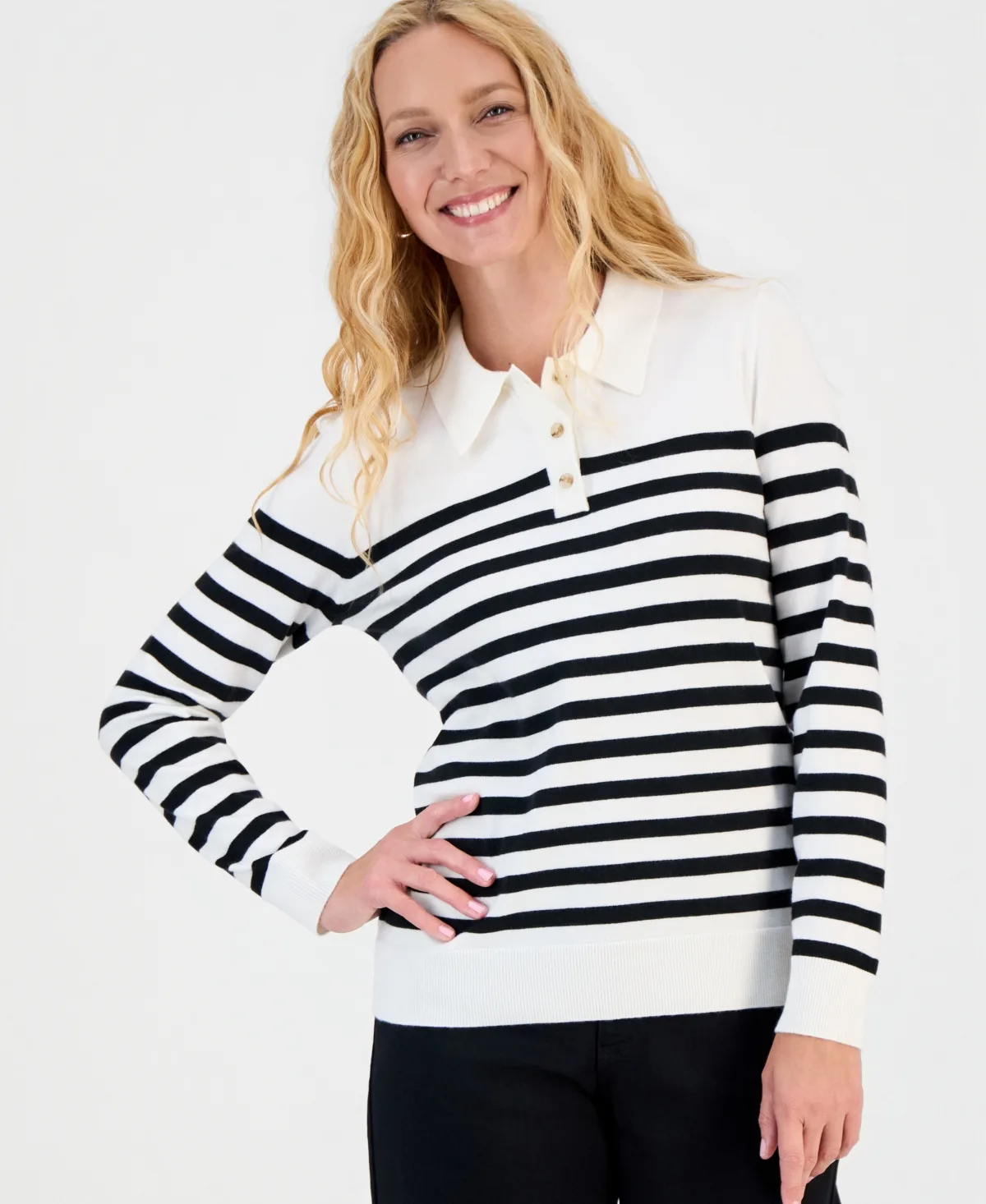 Stripe Long-Sleeve Polo Sweater by Style & Co
