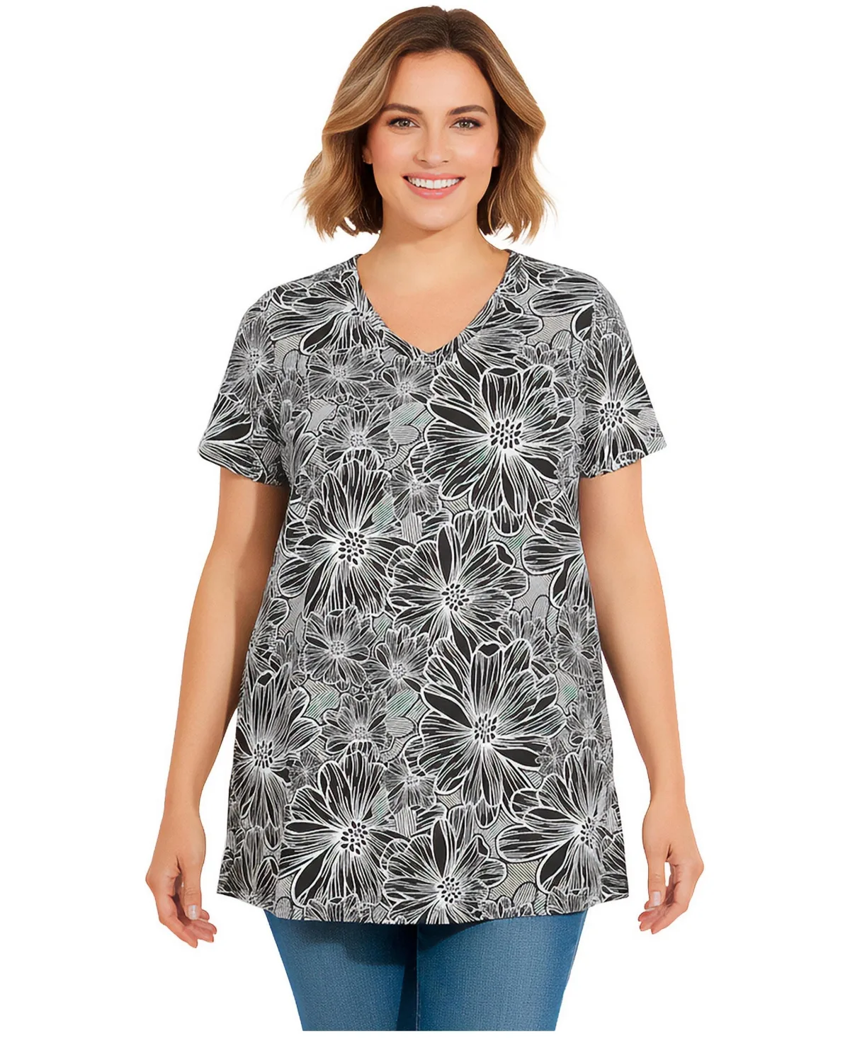 Perfect Printed Short-Sleeve Shirred V-Neck Tunic