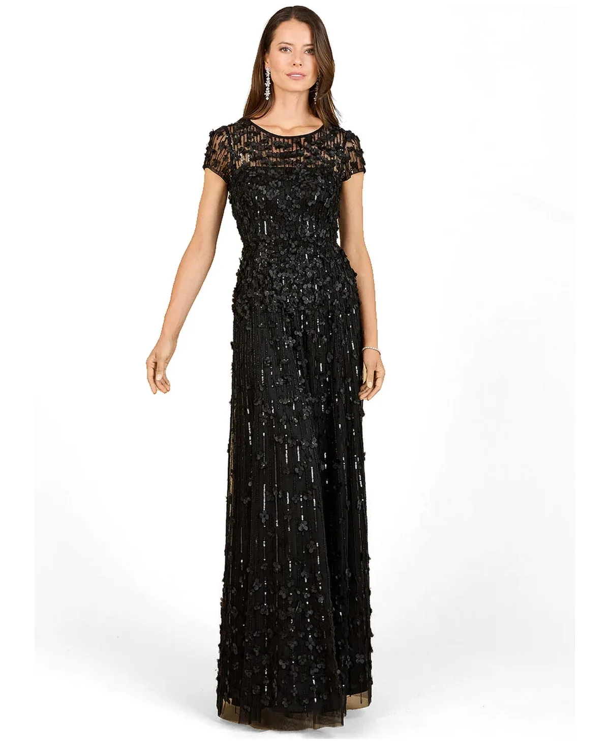 3D Floral Embellished Cap Sleeve Gown