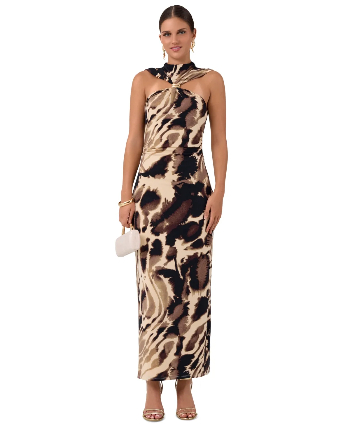 Pricilla Midi Halter Abstract-Print Shoulder-Cutout Dress