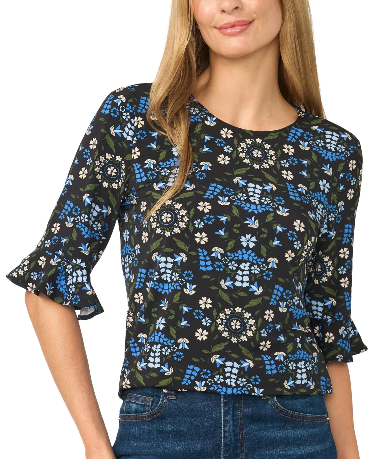 Floral-Print Short-Sleeve Ruffle-Cuff Blouse by CeCe