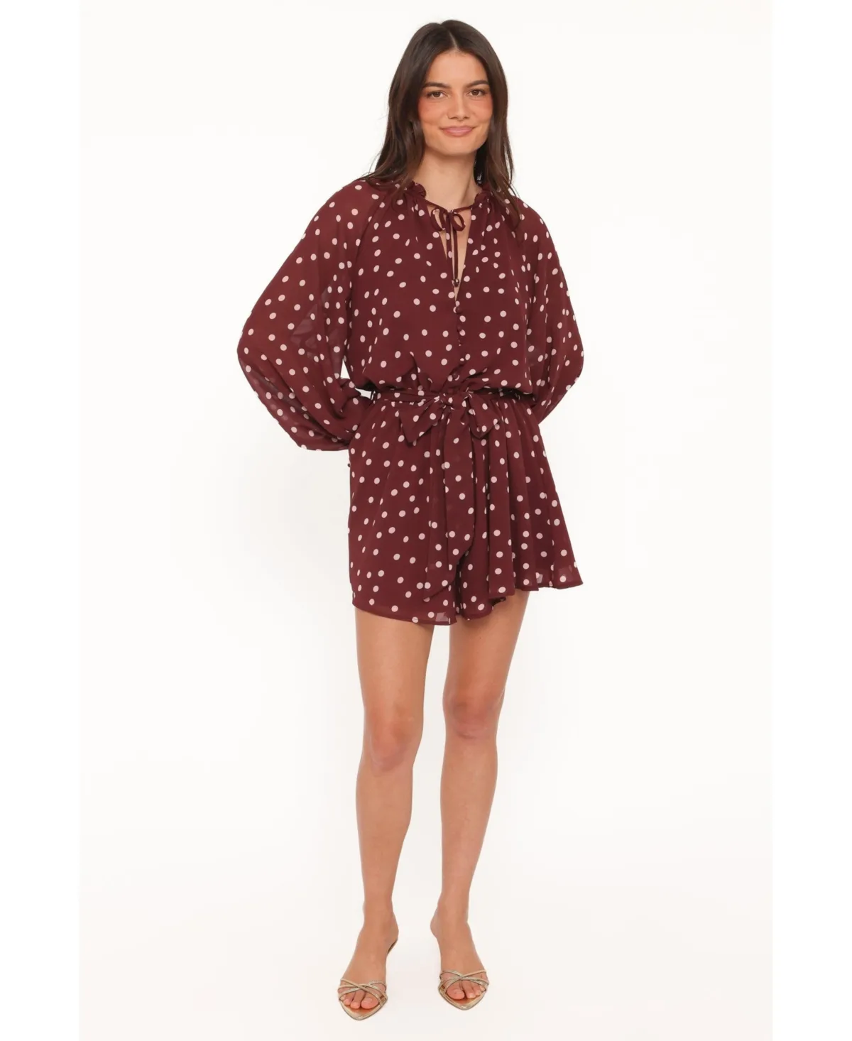 Michelle Long-Sleeve V-Neck Polka-Dot Romper