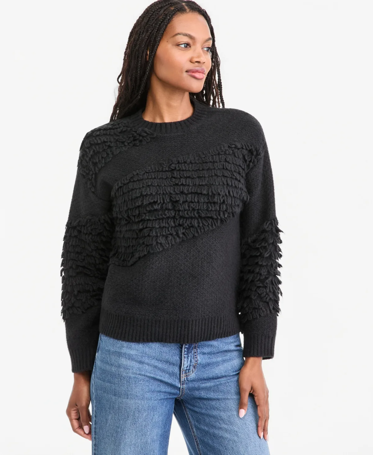 Crewneck Long-Sleeve Loopy Textured Sweater by On 34th