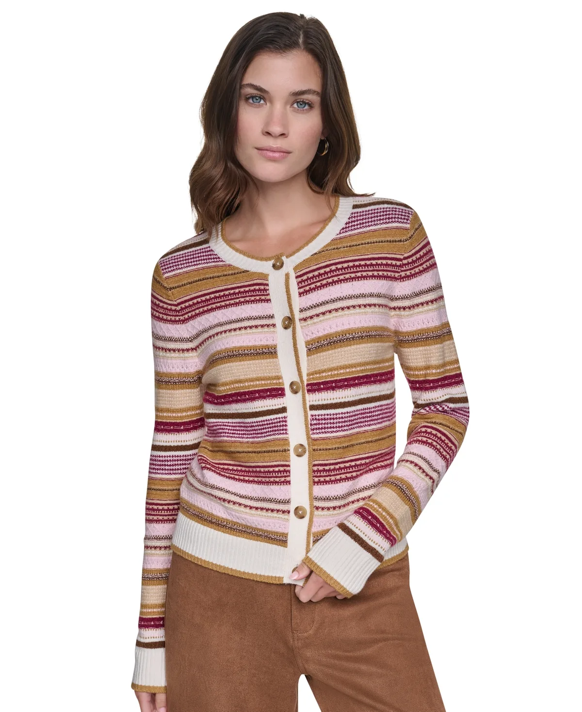 Textured Variegated Stripe Crewneck Fitted Cardigan by DKNY