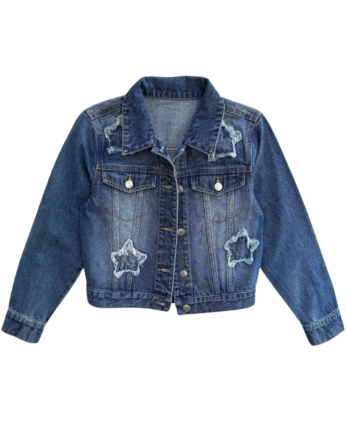 Distressed Star Applique Denim Jacket by With Jules