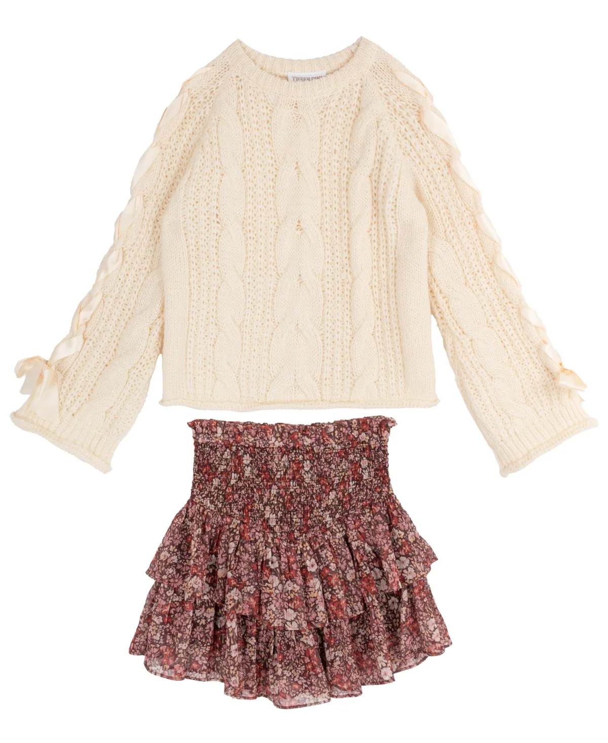 Cable-Knit Sweater and Floral Lurex Chiffon Skort, 2-Piece Set by Tween Diva