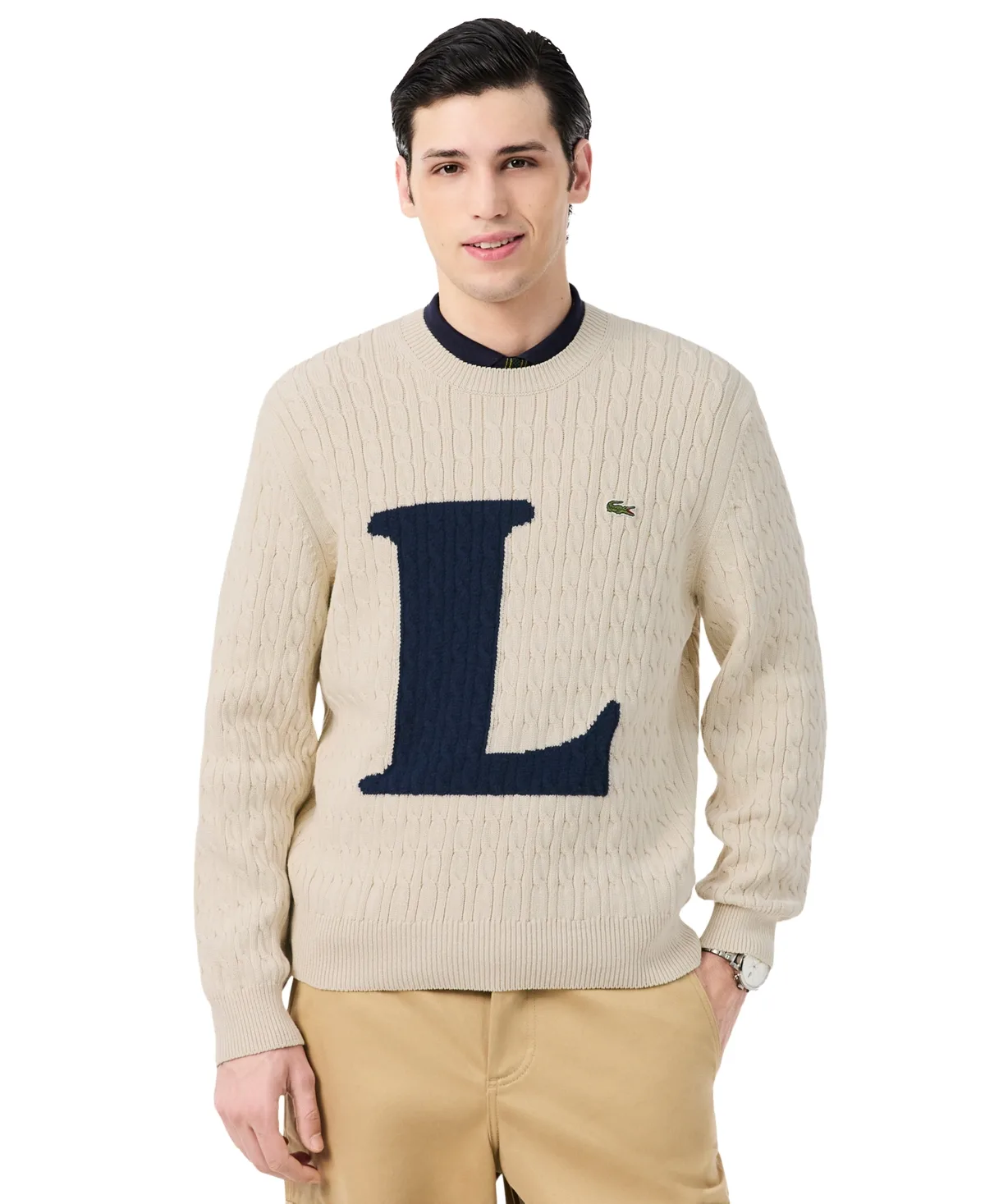 Lacoste Cable-Knit Intarsia-Logo Crewneck Pullover Sweater