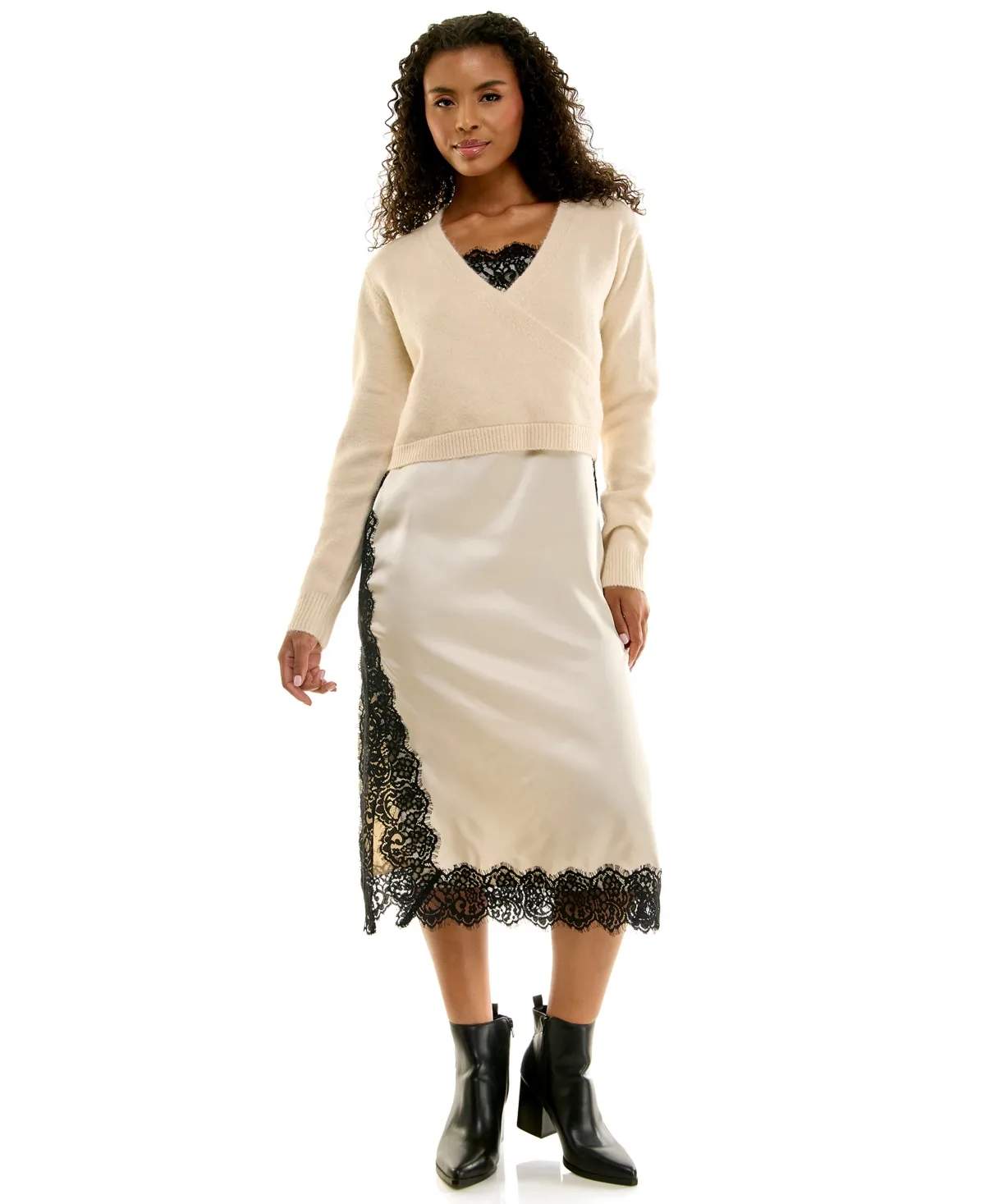 Wrap Sweater and Lace Trim Midi Slip Dress, 2-Piece Set by Invitee