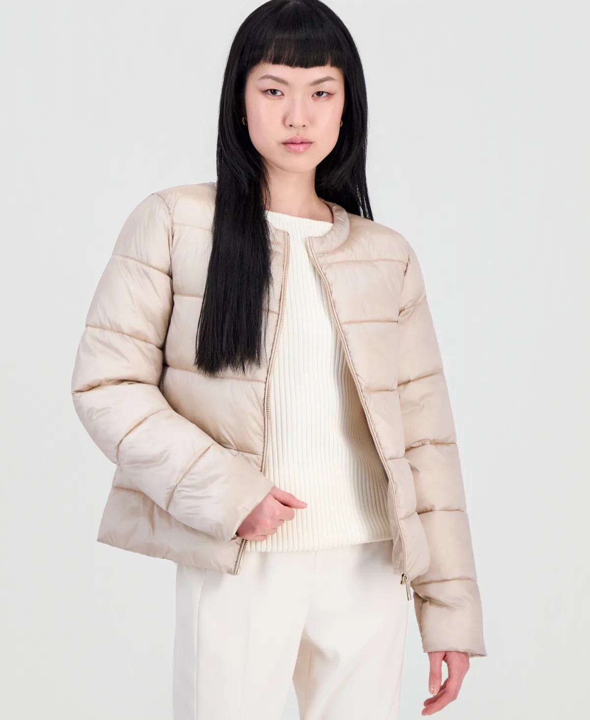 Short Quilted Puffer Collarless Jacket by CeCe