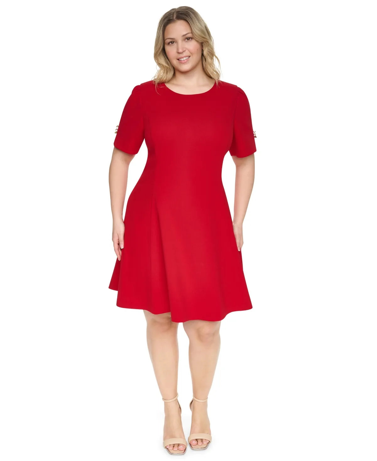 Puff Sleeve Fit & Flare Jewel Neck Dress by DKNY