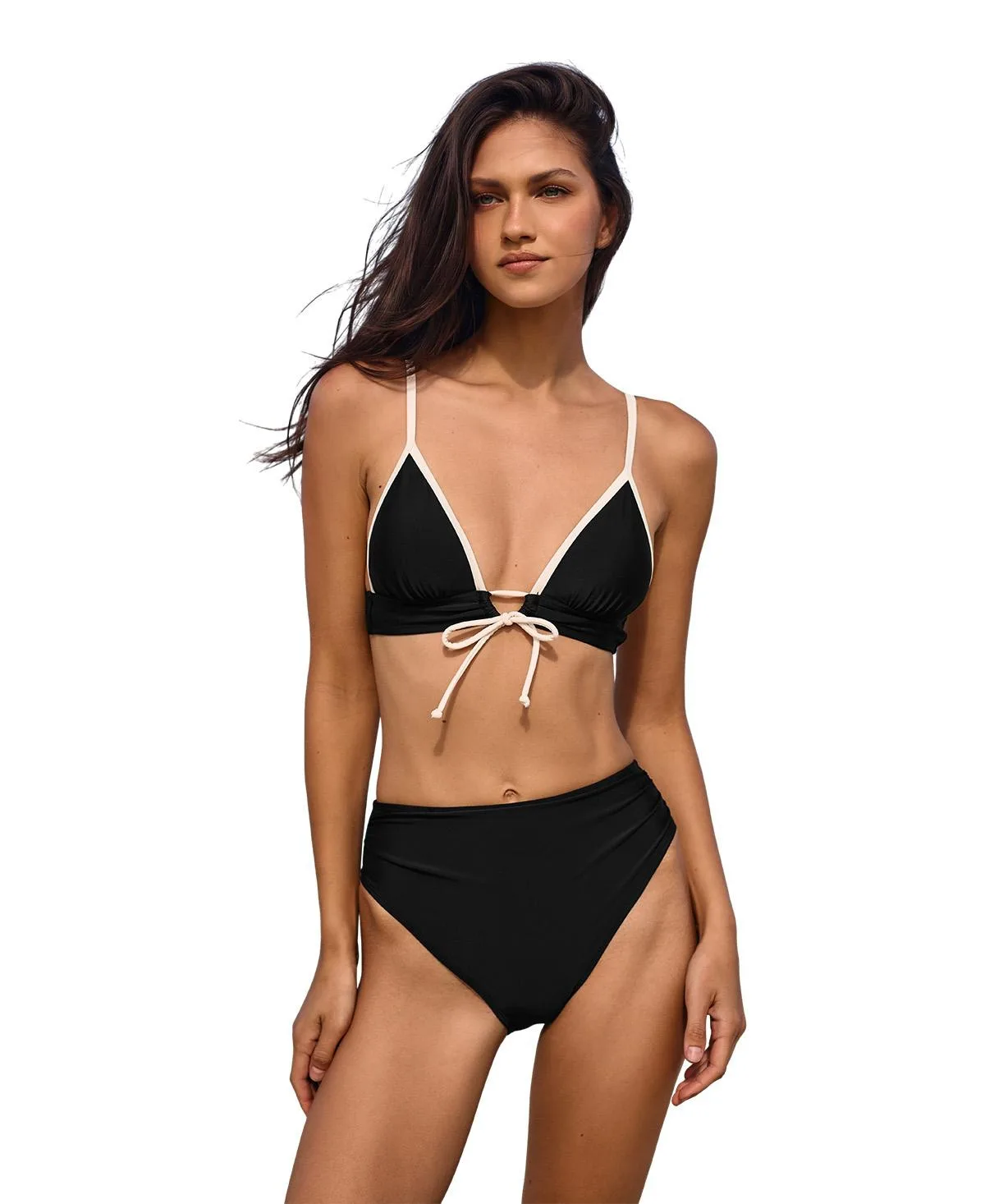 Soft Front Tie Triangle High Waist Bikini Set by Cupshe