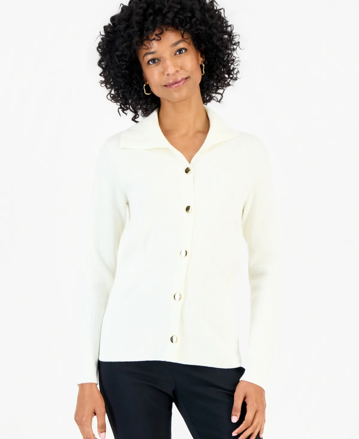 Button-Collared Ribbed-Knit Cardigan by JM Collection