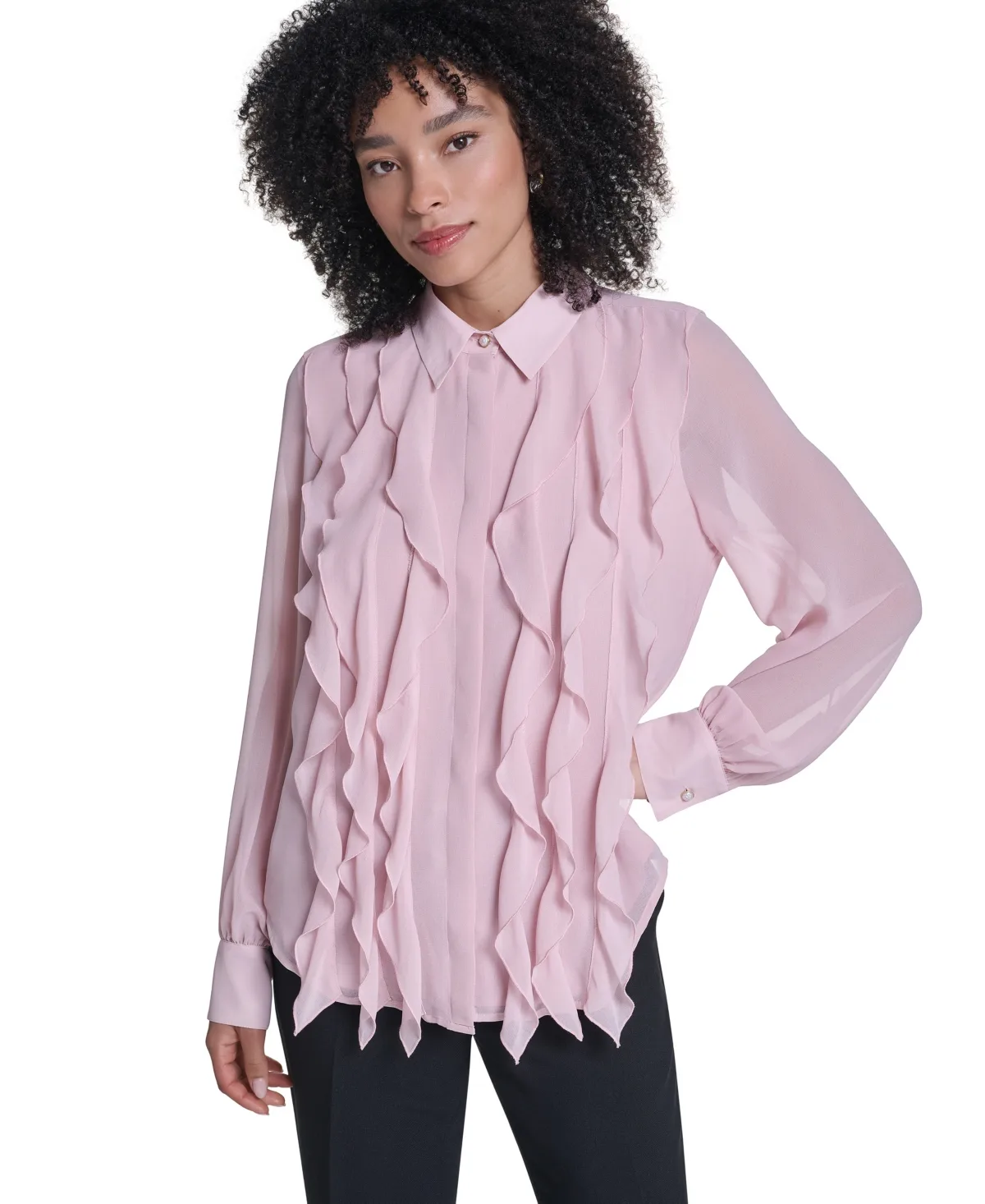 Sheer Long-Sleeve Point Collar Blouse by Karl Lagerfeld