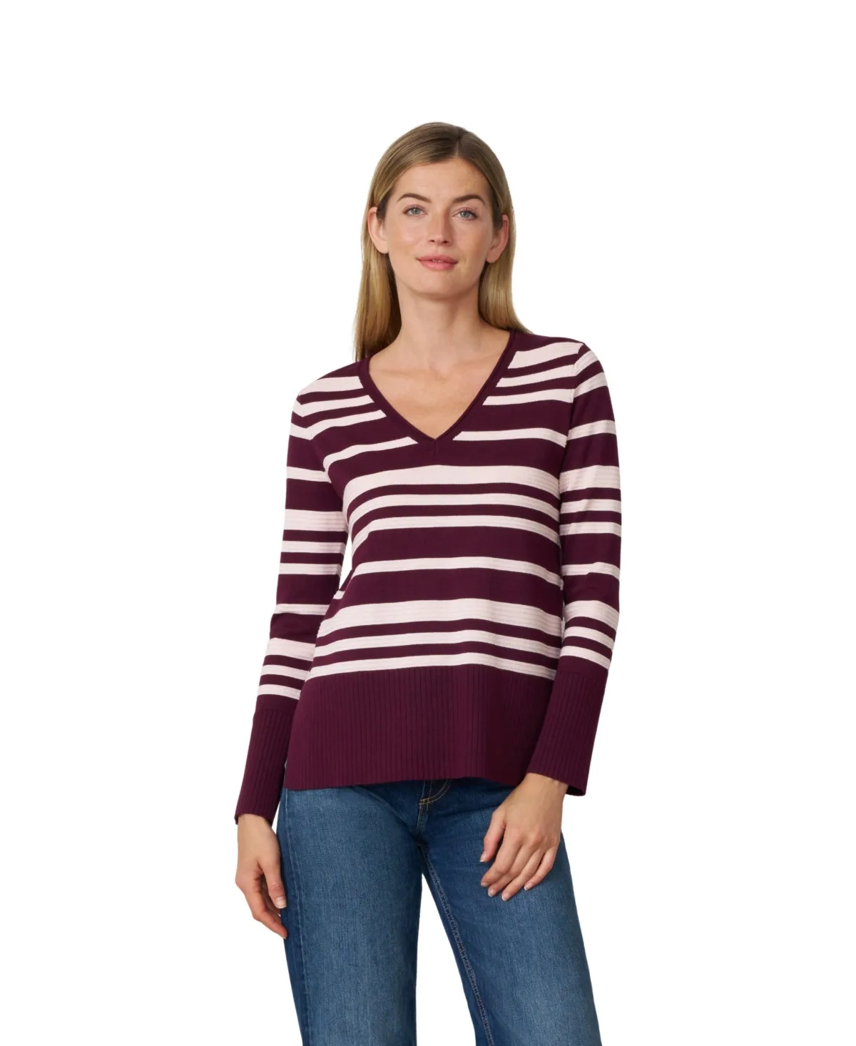 Textured Stripe V-Neck Long-Sleeve Sweater