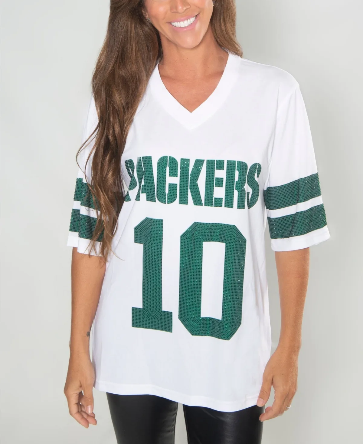 Bay Packers Jordan Love Crystal V-Neck Tunic by Fabgating by Cuce