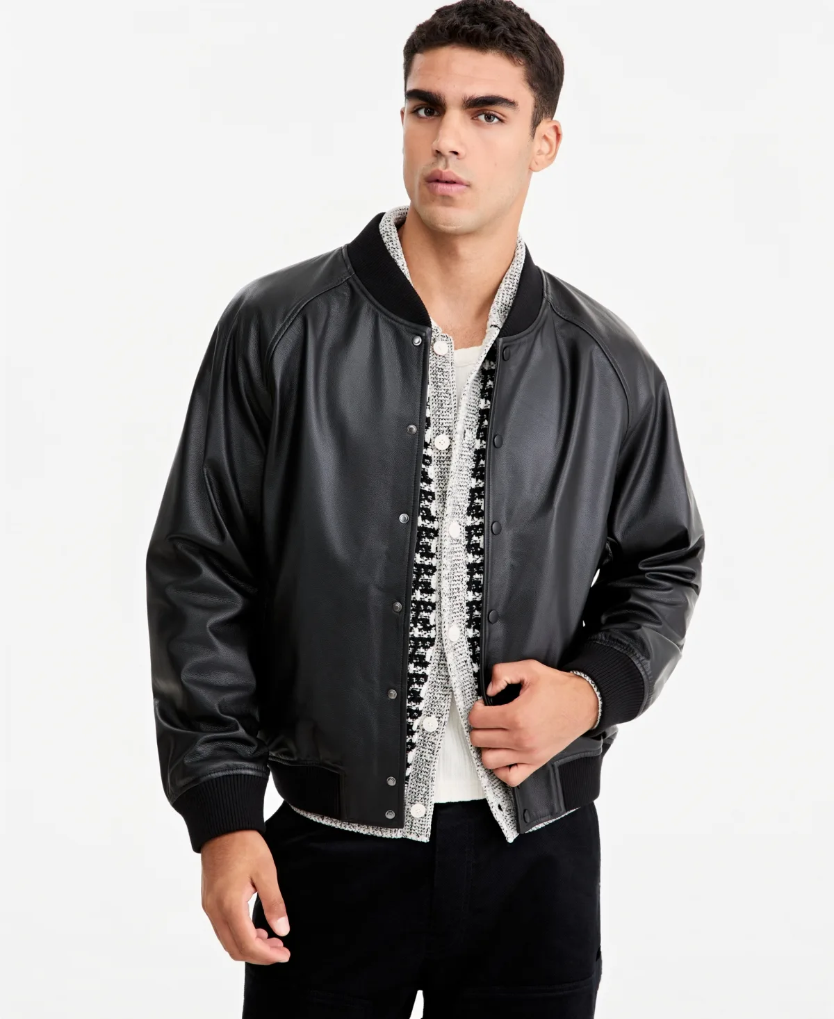 Relaxed-Fit Ribbed Leather Bomber Jacket by Mode of One