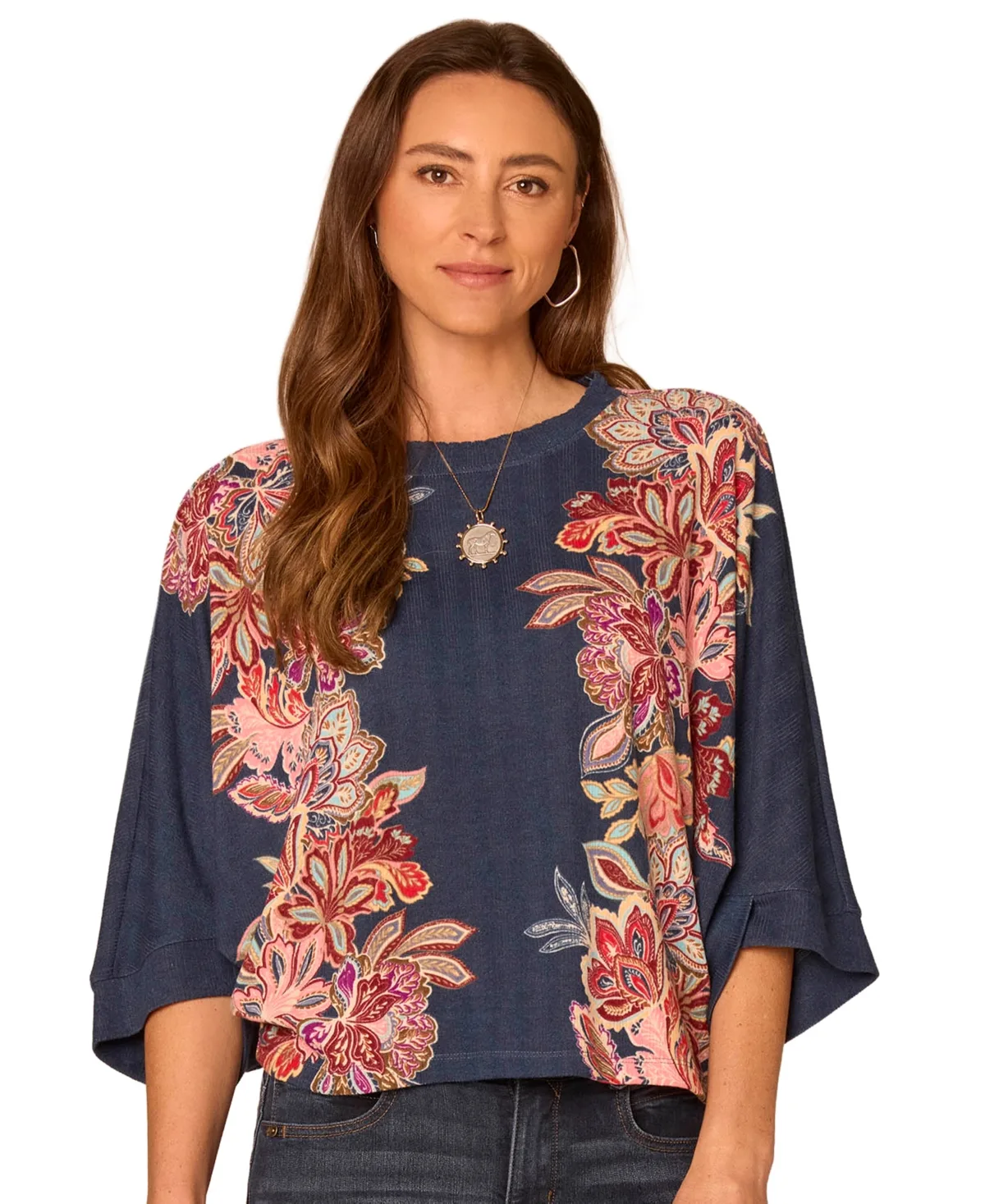 Floral 3/4-Length Dolman Scoop-Neck Blouse by Democracy