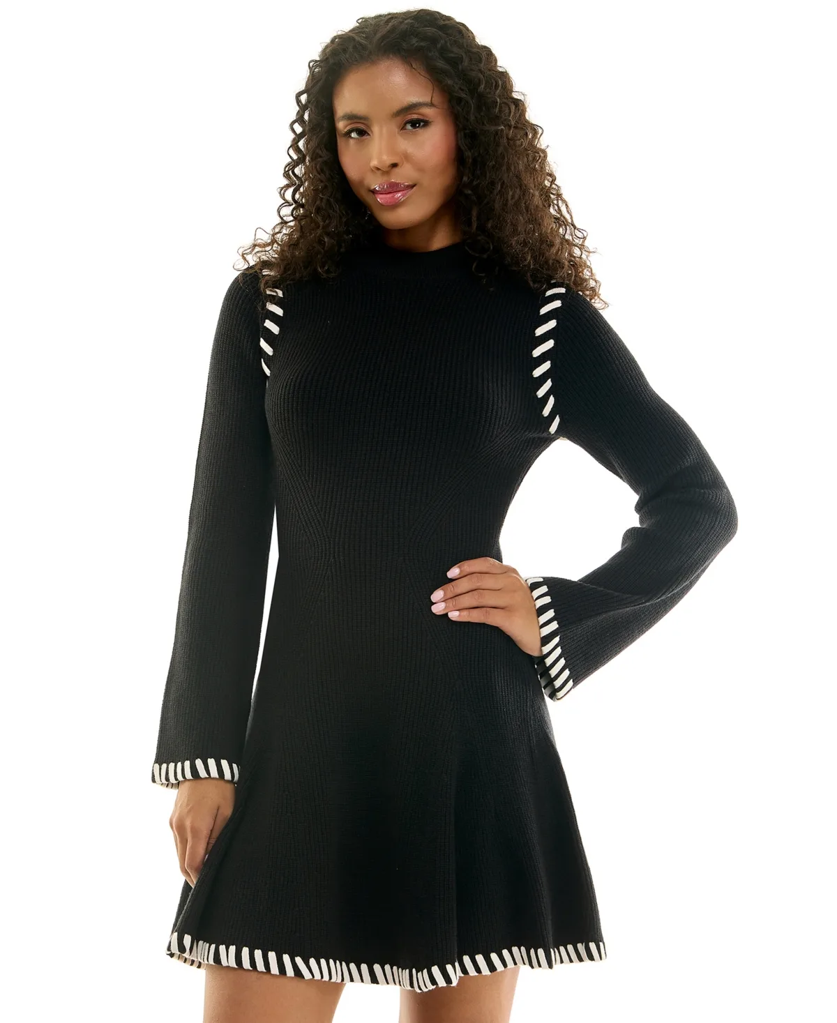 Fit & Flare Mock Neck Sweater Dress with Flare Sleeves by Invitee