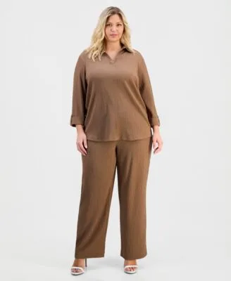 Spread Collar Knit Top Pull on Wide Leg Pants by Anne Klein