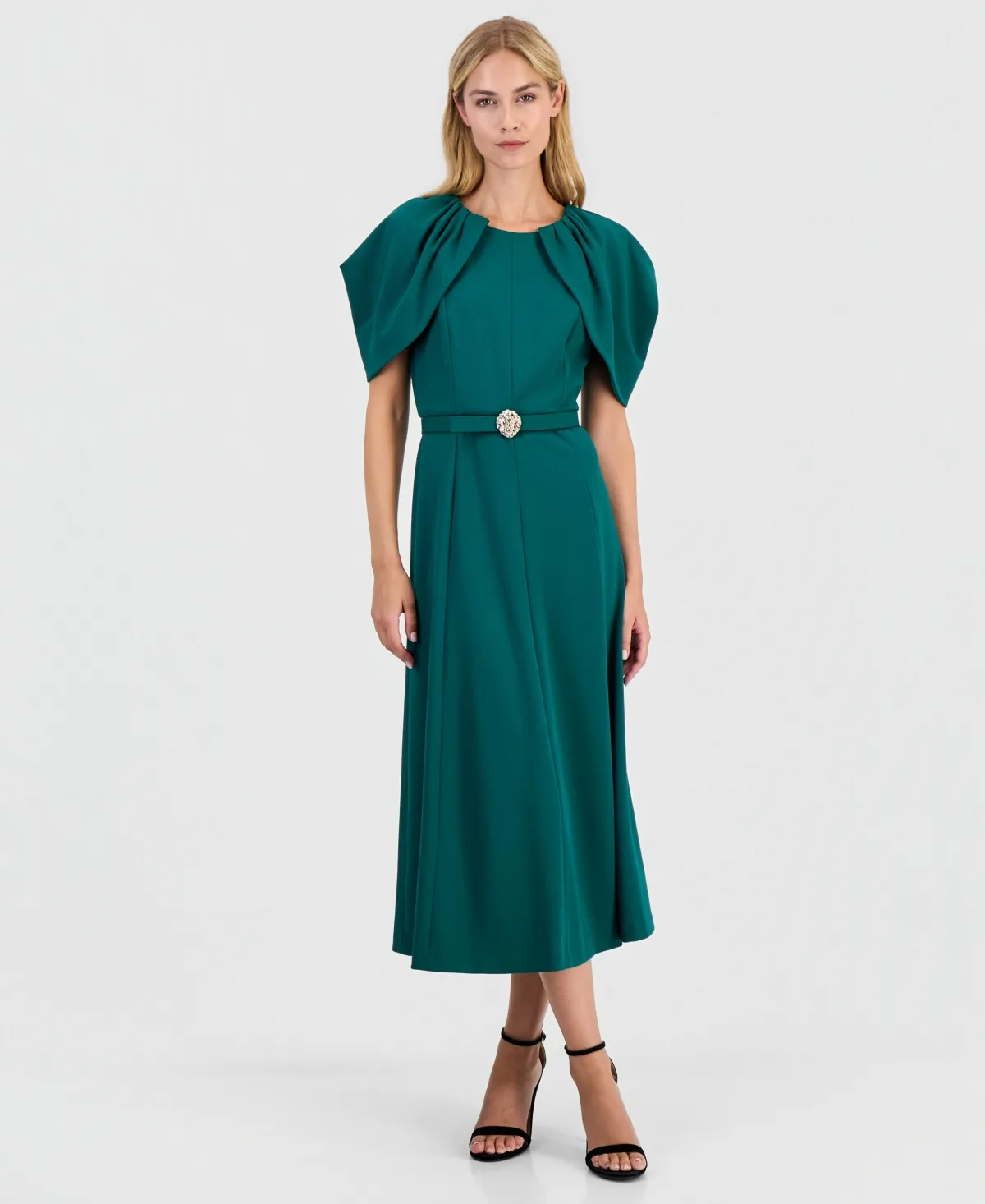 Cowled-Cold-Shoulder Caplet-Sleeve Scuba Crepe Dress by Anne Klein