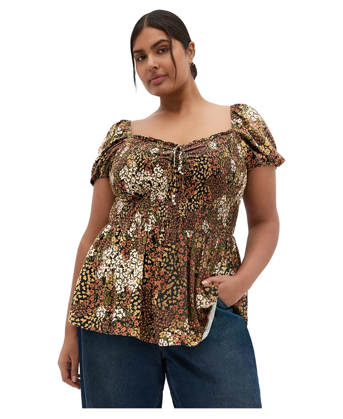 Azure Floral-Print Tie-Up Shirred Blouse by City Chic