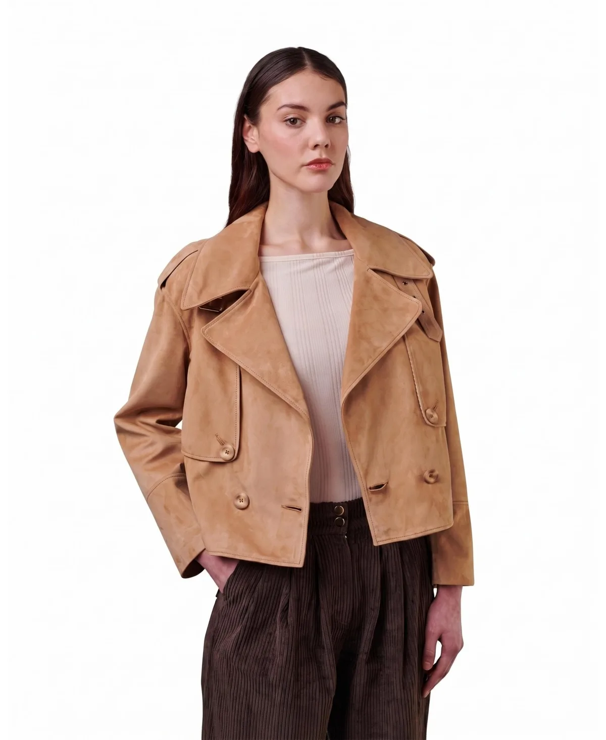 Suede Cropped Trench Style Jacket by Furniq UK
