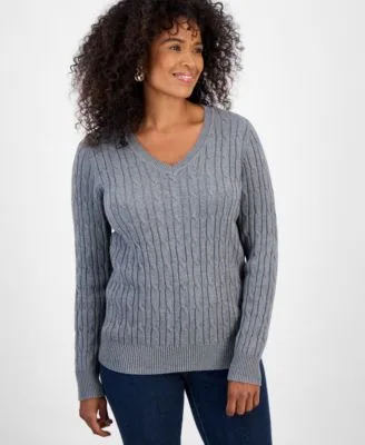Cotton Cable Knit V-Neck Sweater by Style & Co