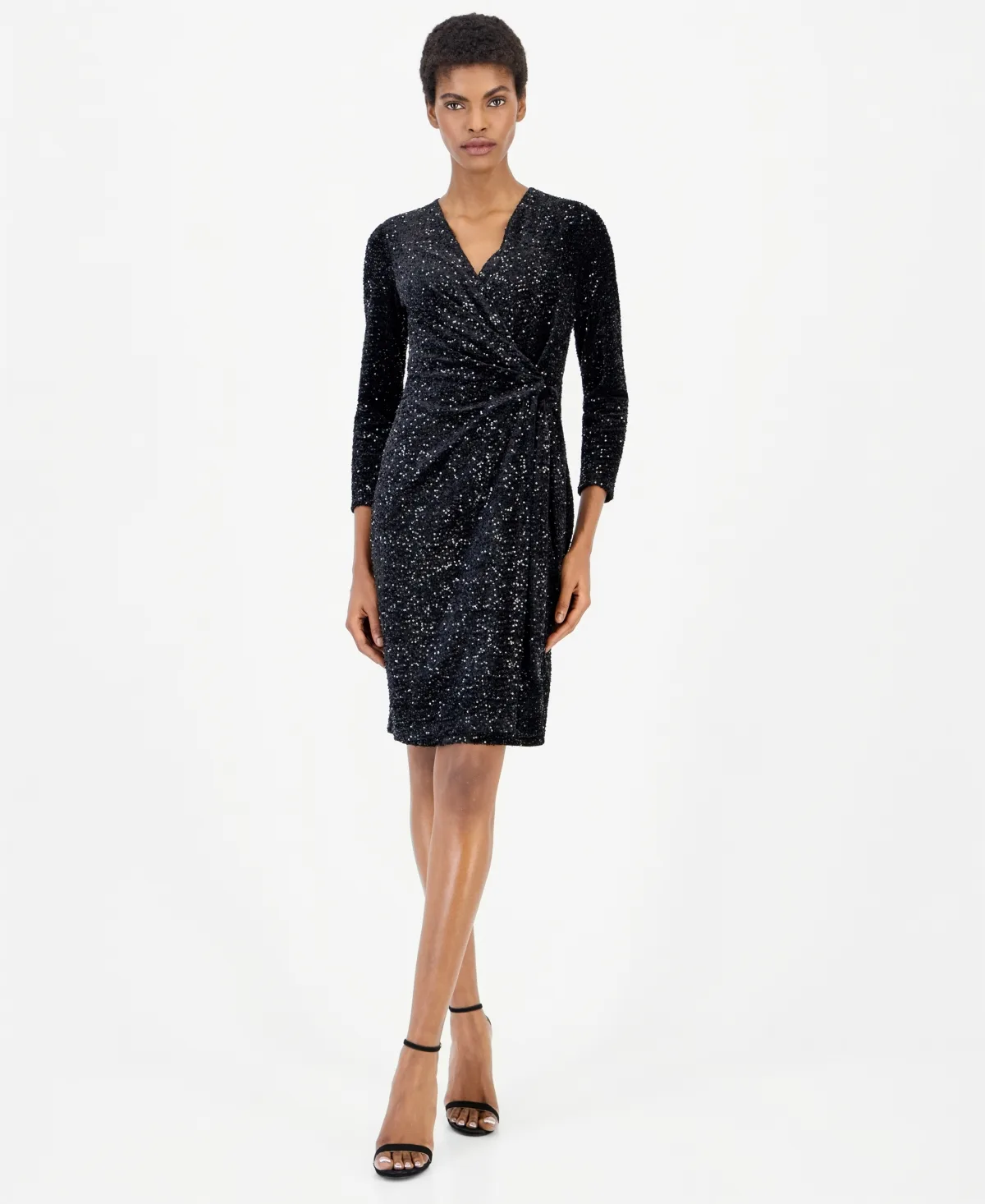 Classic Velvet Sequin Faux-Wrap Dress
