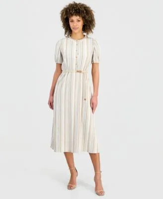 Striped Puff Sleeve Midi Shirtdress by Kasper