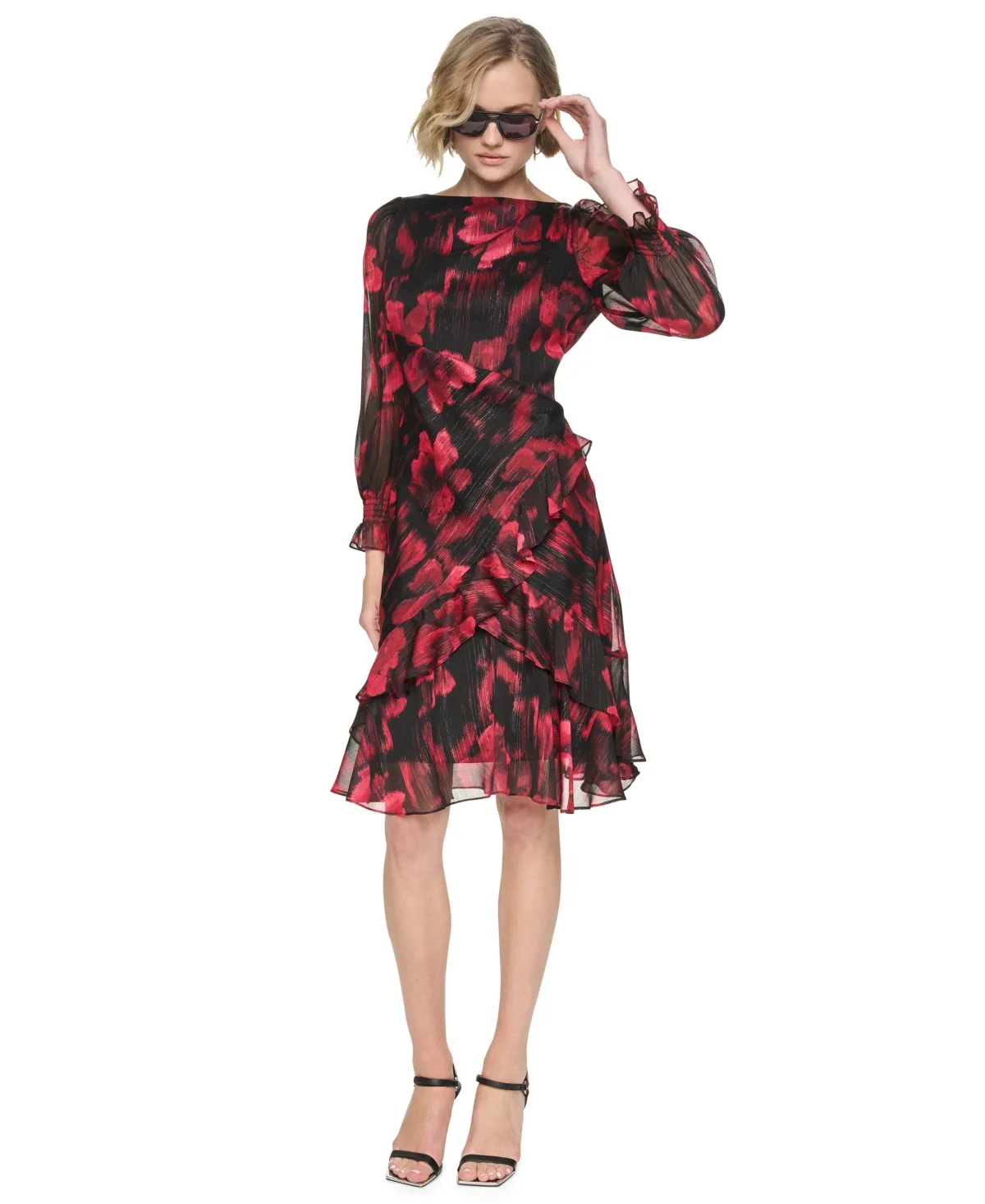 Boat-Neck Long-Sleeve Floral-Print Dress by DKNY
