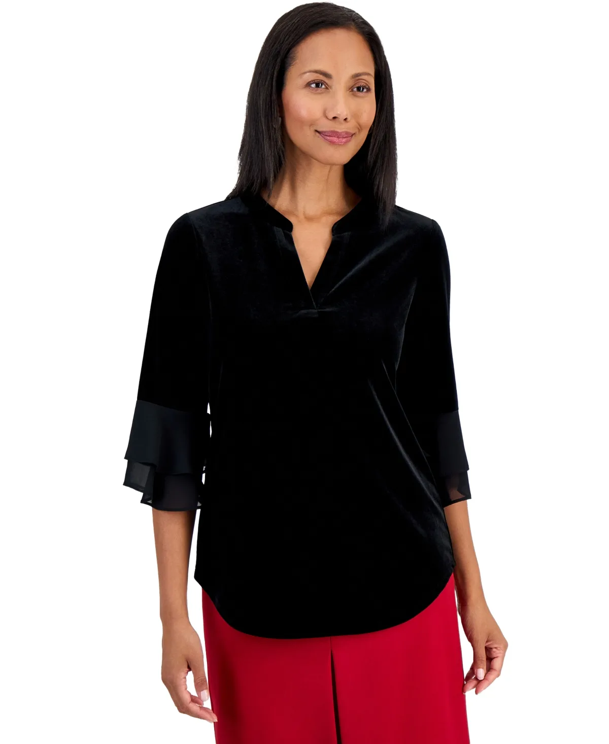 3/4-Flutter Split-Neck Velvet Blouse by Kasper