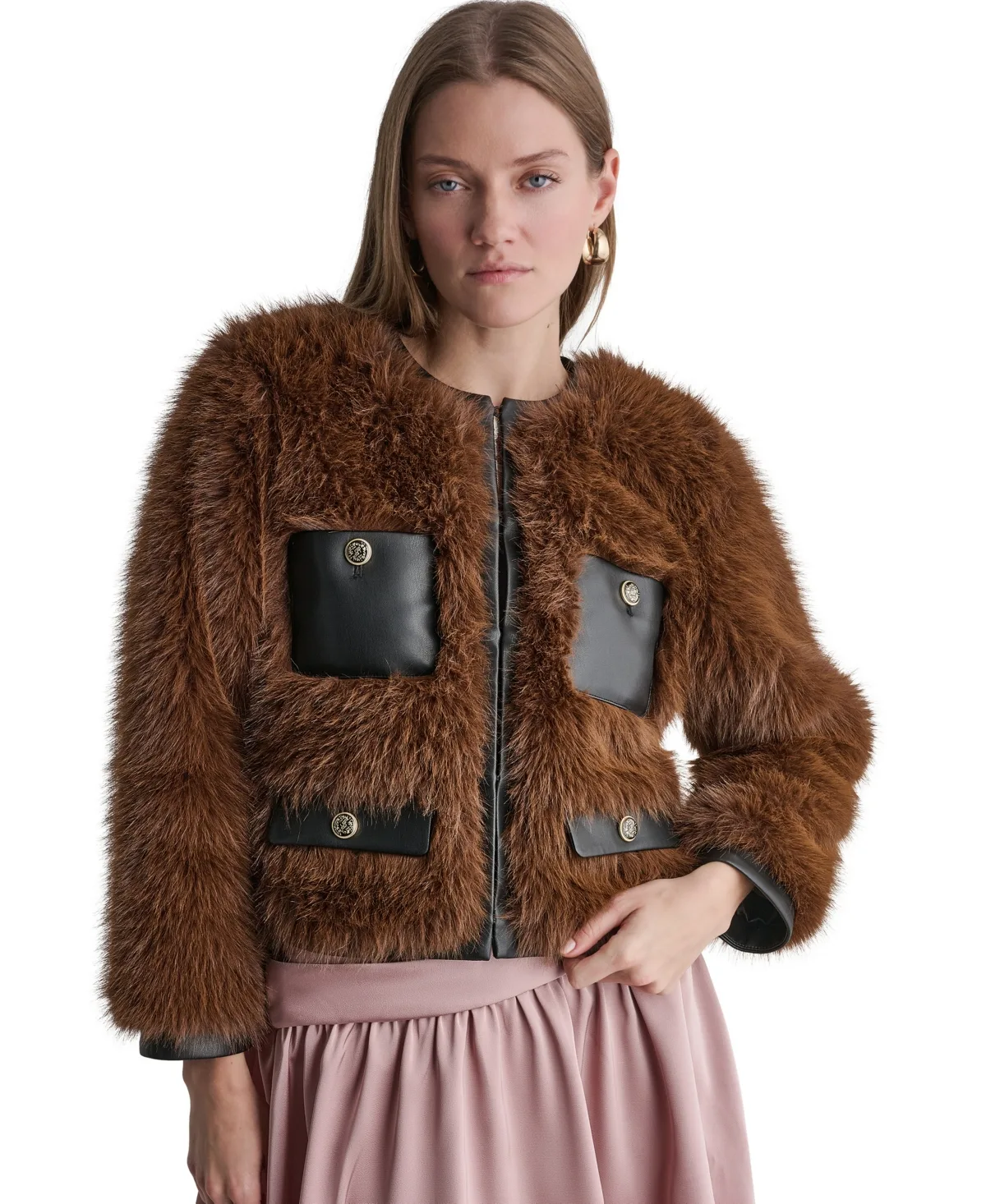 Cropped Faux Fur Jacket with Faux Leather Trim by BCBG