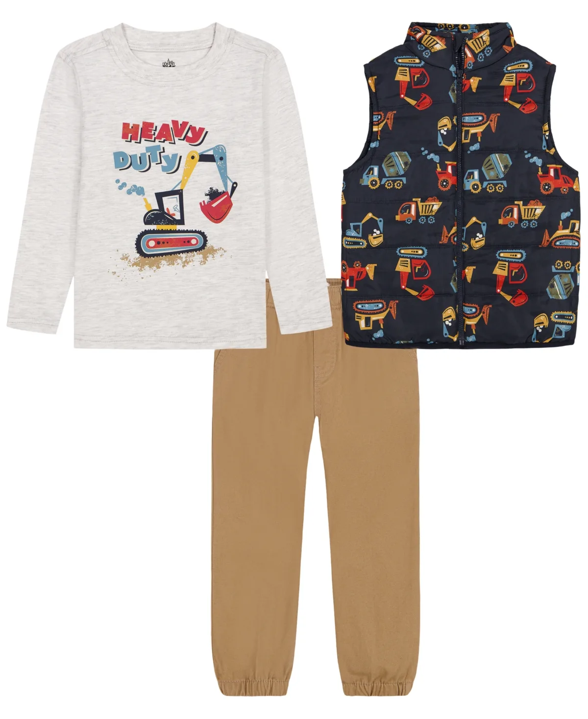 Construction Vehicle Graphic Puffer Vest, T-Shirt, and Joggers, 3-Piece Set by Kids Headquarters