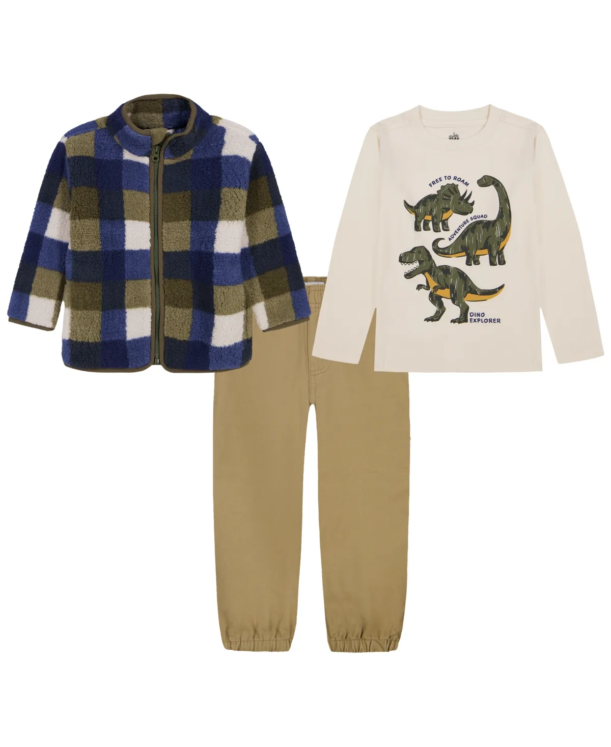 Dinosaur Plaid Sherpa T-Shirt, Jacket, and Joggers, 3-Piece Set by Kids Headquarters