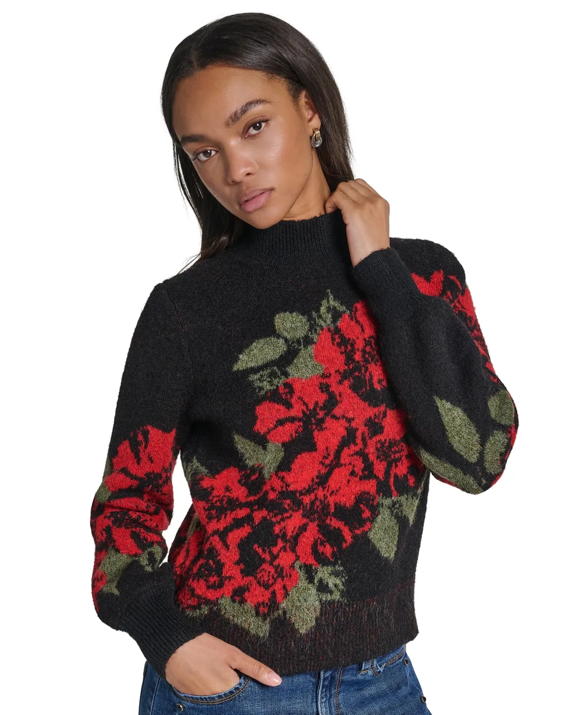 Rose Floral-Print Mock Neck Sweater by Karl Lagerfeld