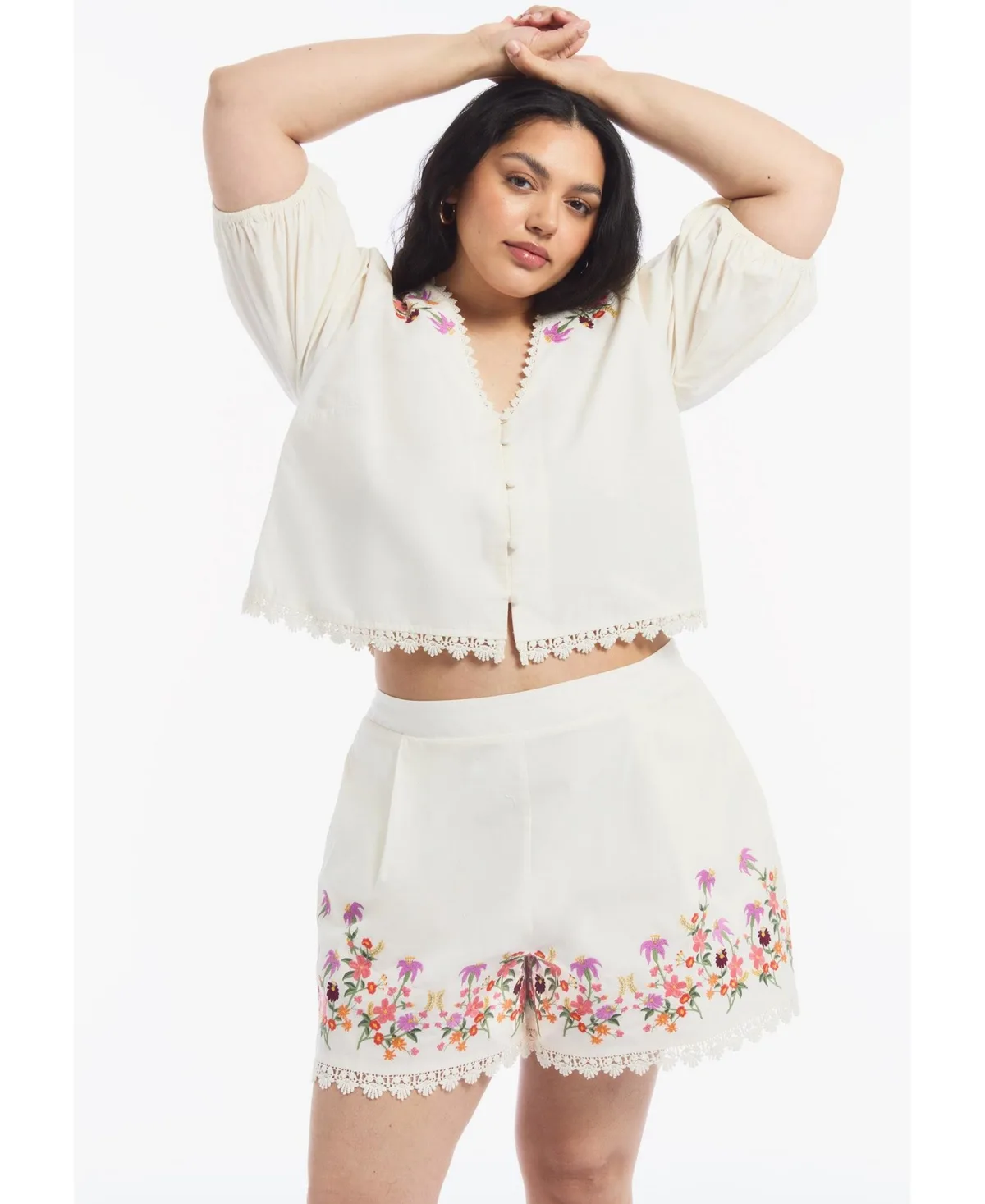 High-Waisted Lace-Trim Embroidered Poplin Shorts, 4" Inseam by June & Vie