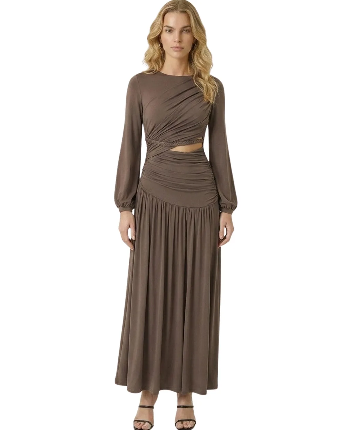 Ruched Long-Sleeve Cutout Maxi Dress