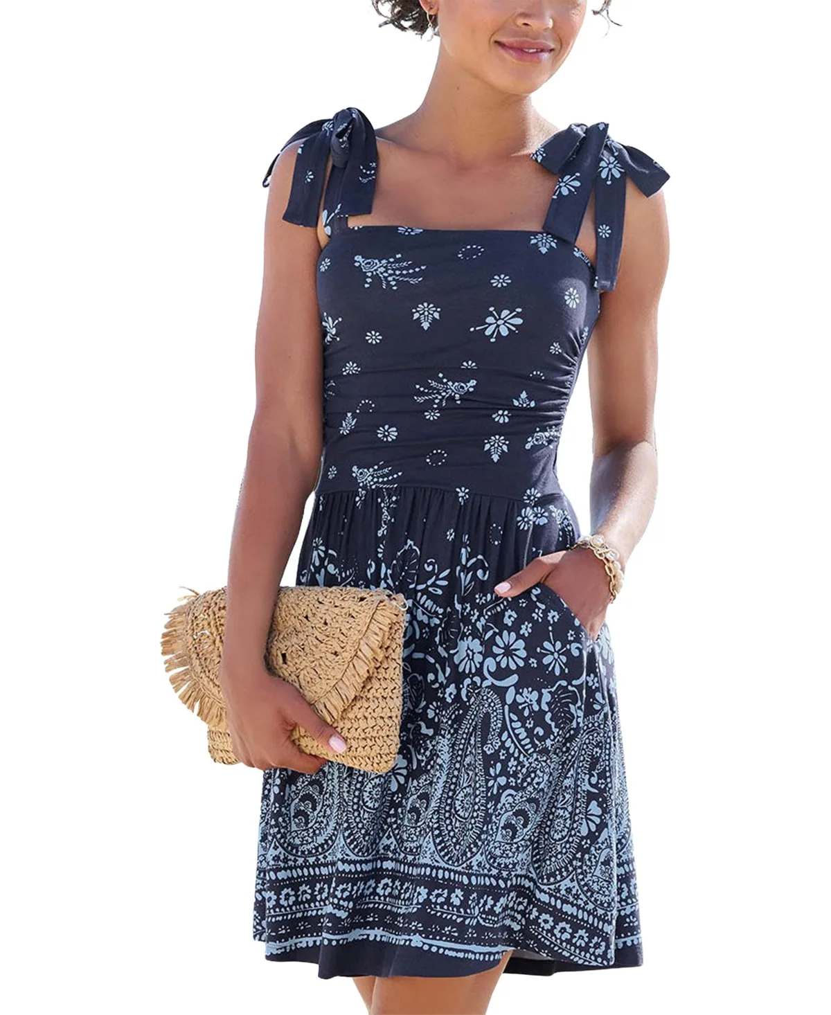 Viscose Printed Tie Strap with Pockets Elastic-Waist Short Dress by Lascana