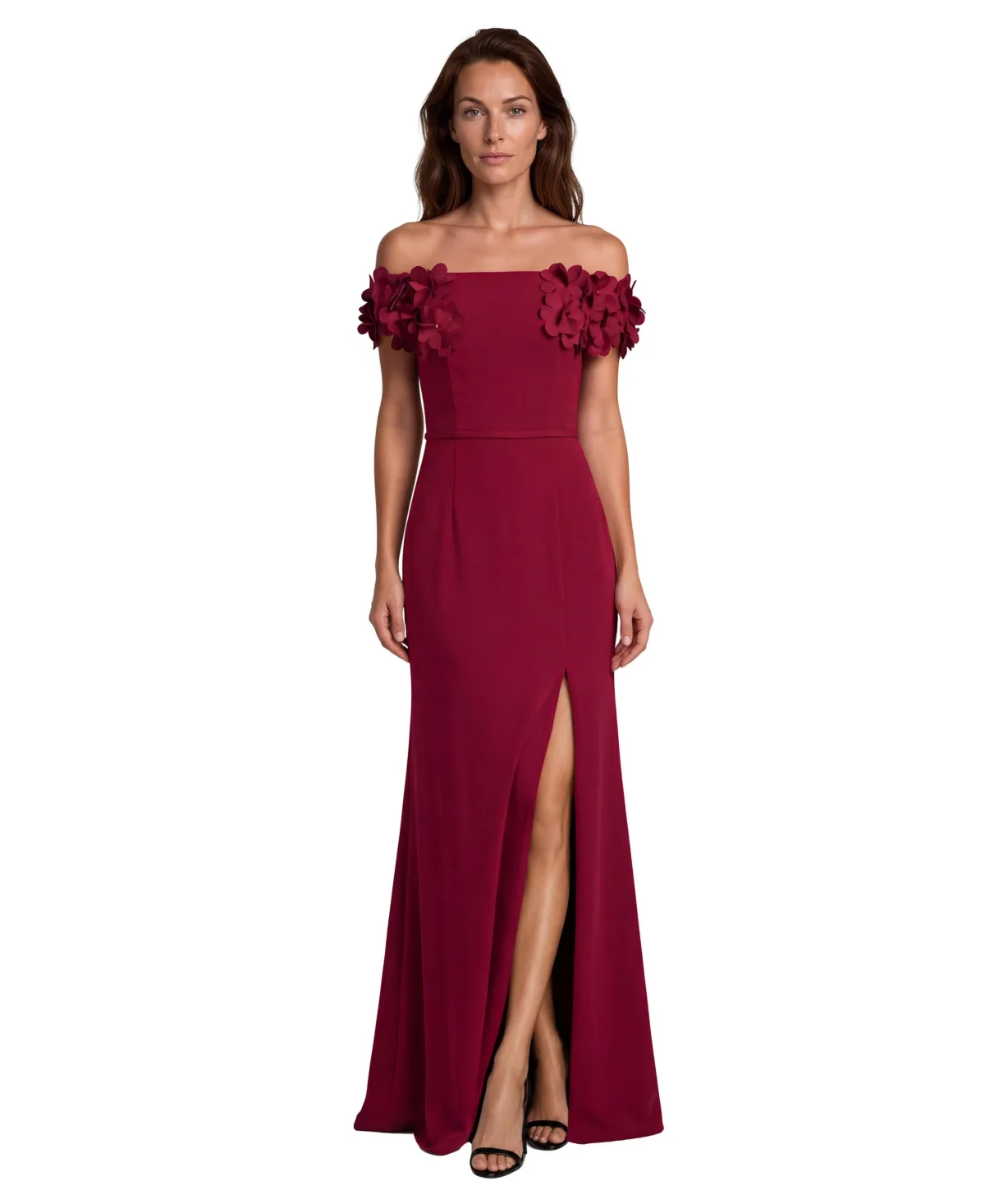 Off the Shoulder Crepe Fit and Flare Gown with Front Slit and 3D Floral Appliques by Rene Ruiz Occasion