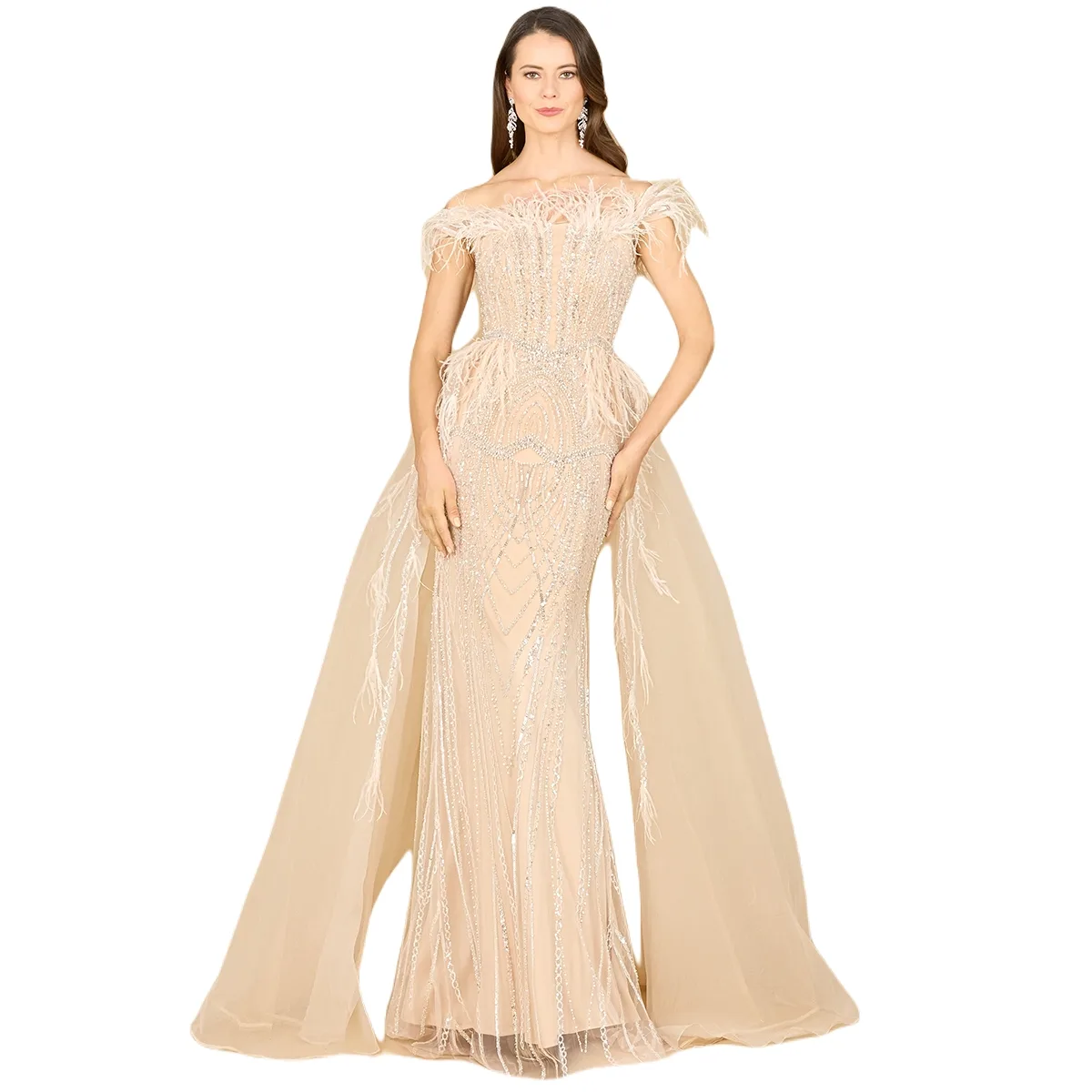Off Shoulder Gown with Feathers by Lara