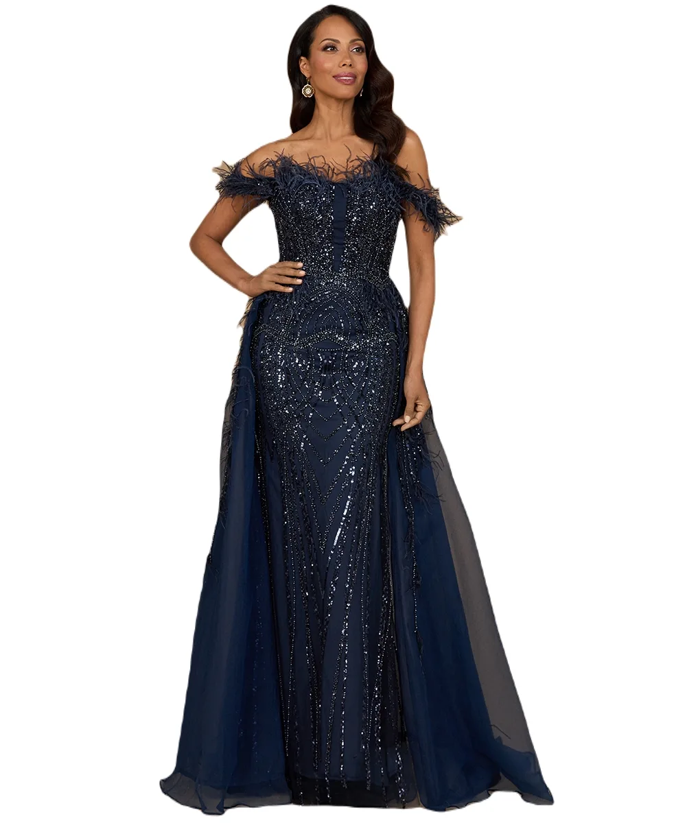 Off Shoulder Gown with Feathers