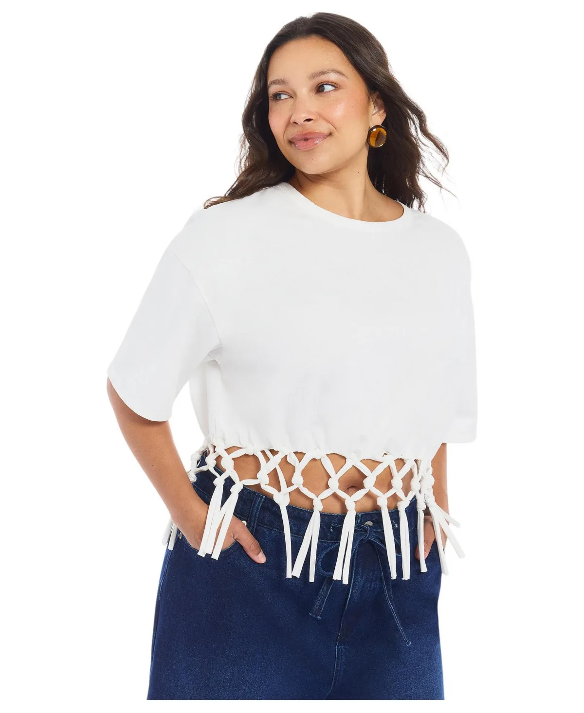 Fringe Trim Cropped Crewneck Tee by June & Vie