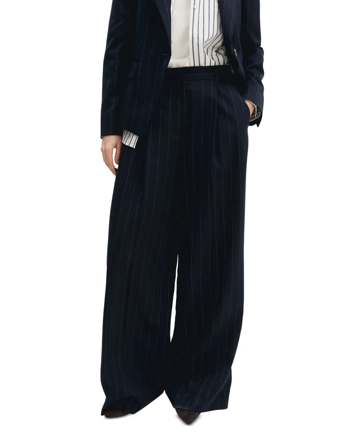 Lame Pinstripe Wide-Leg High-Waisted Trousers by Emme Marella