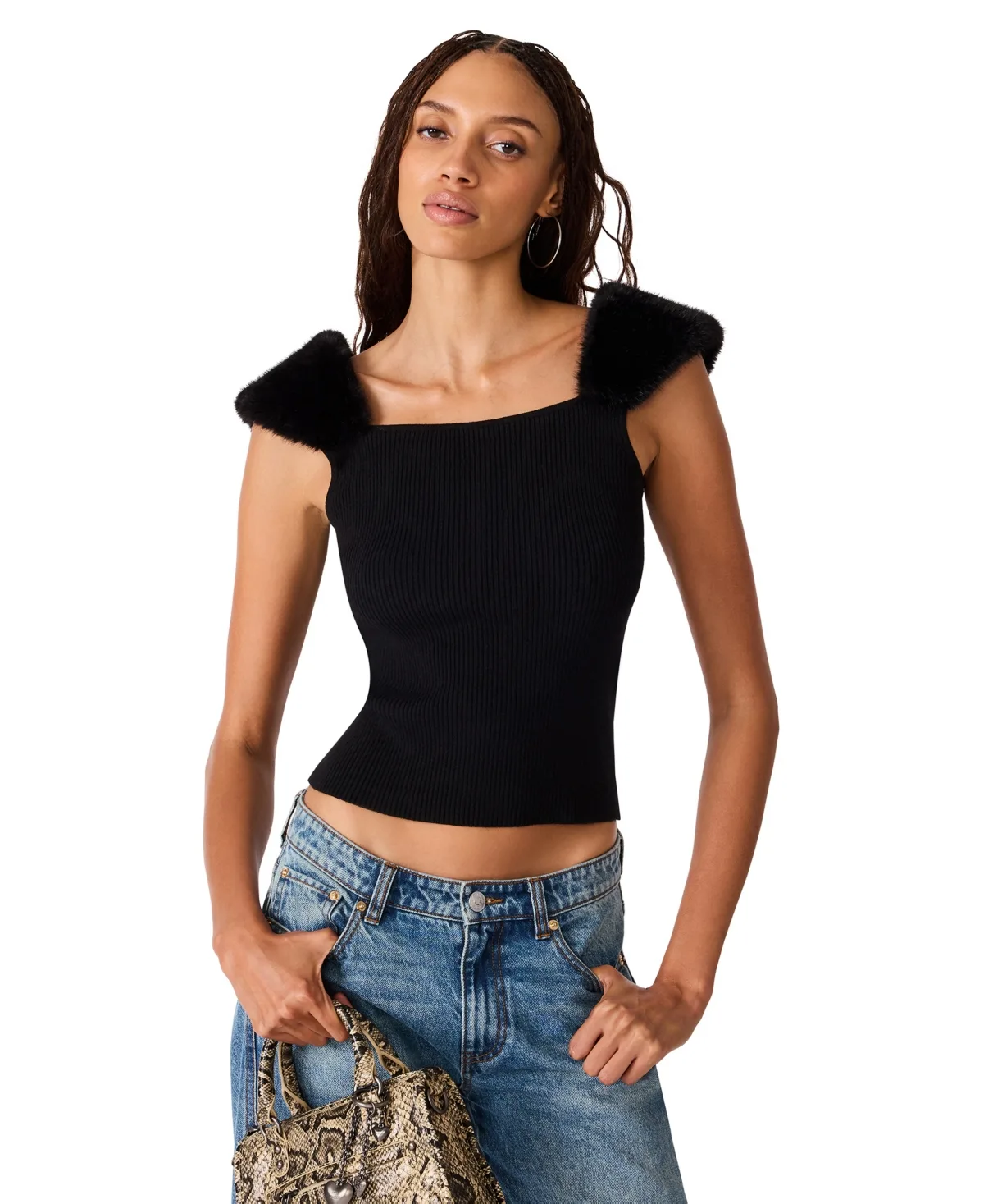 Madelyn Sleeveless Square-Neck Faux Fur-Trim Sweater by Steve Madden