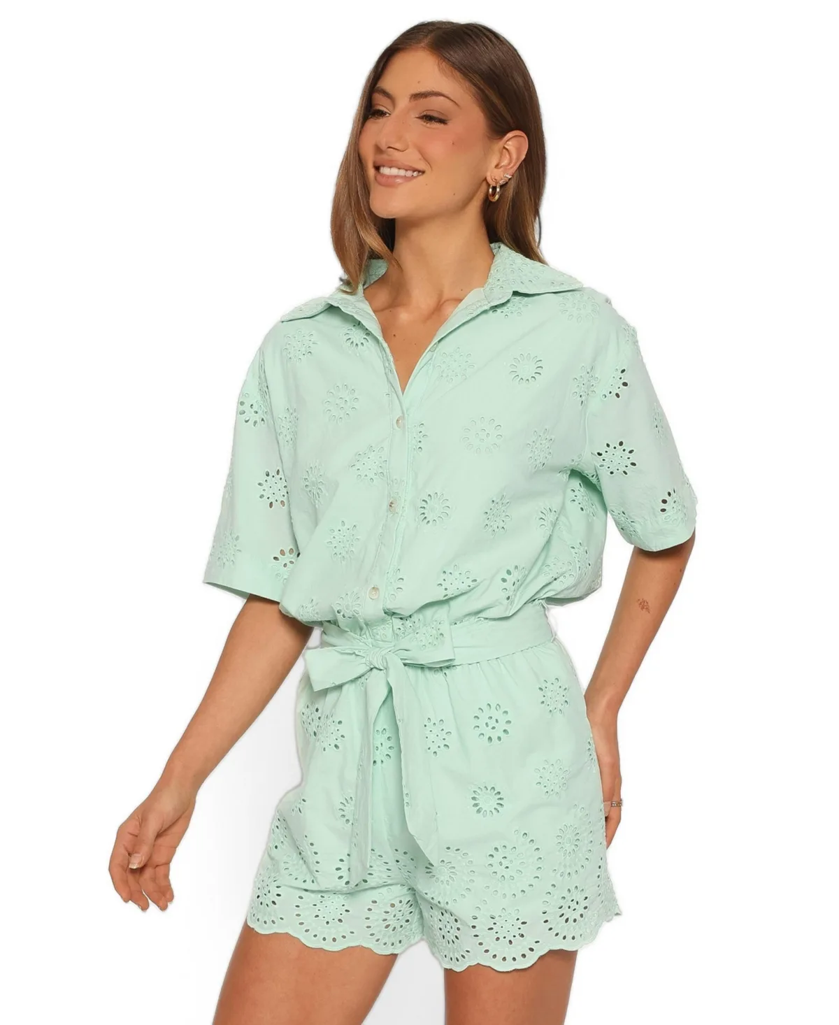 Jamie Tie Front Short Sleeve Scalloped Hem Romper by Petal and Pup