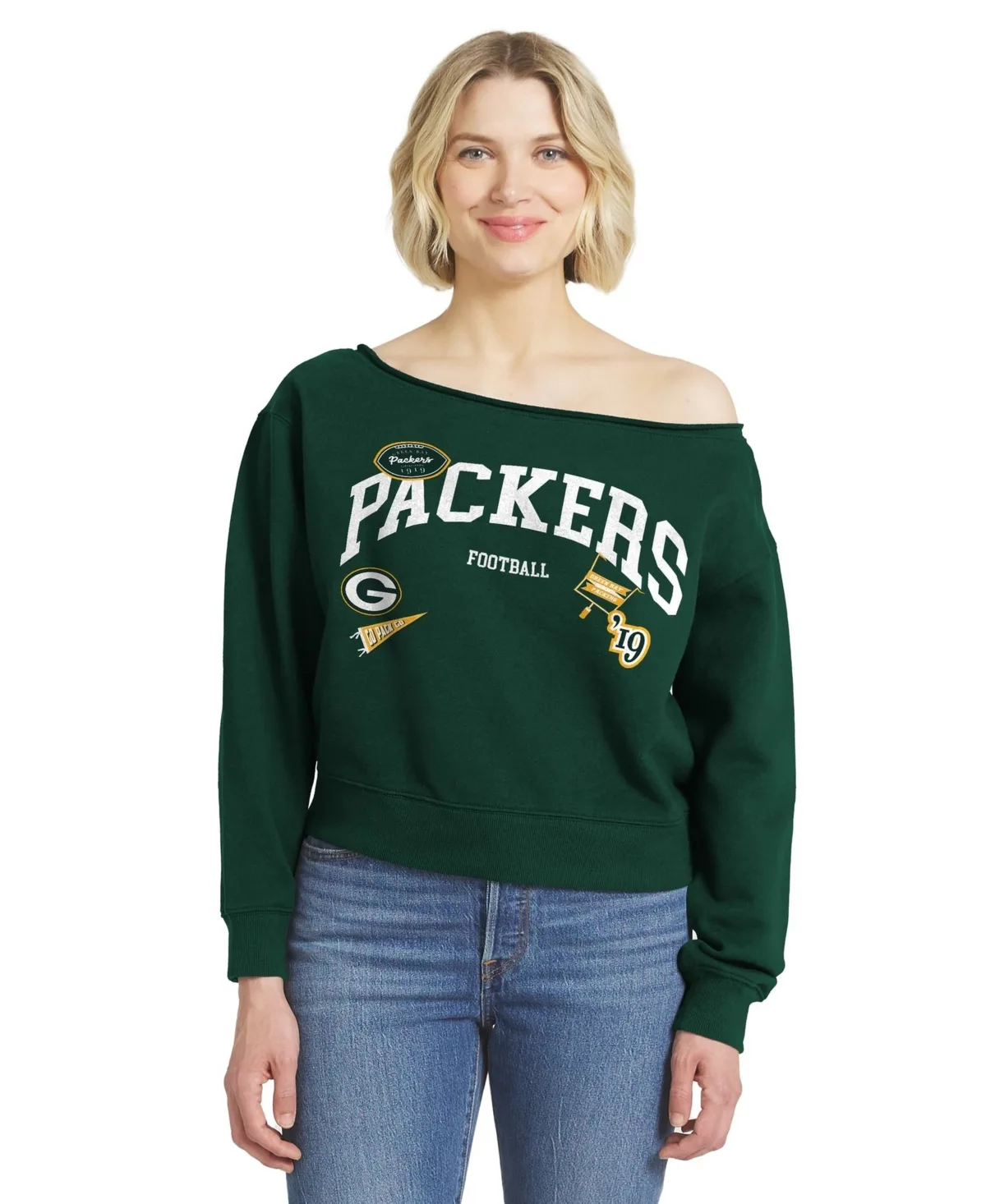 Bay Packers Off-the-Shoulder Screen-Print Fleece-Lined Sweatshirt by Wear by Erin Andrews