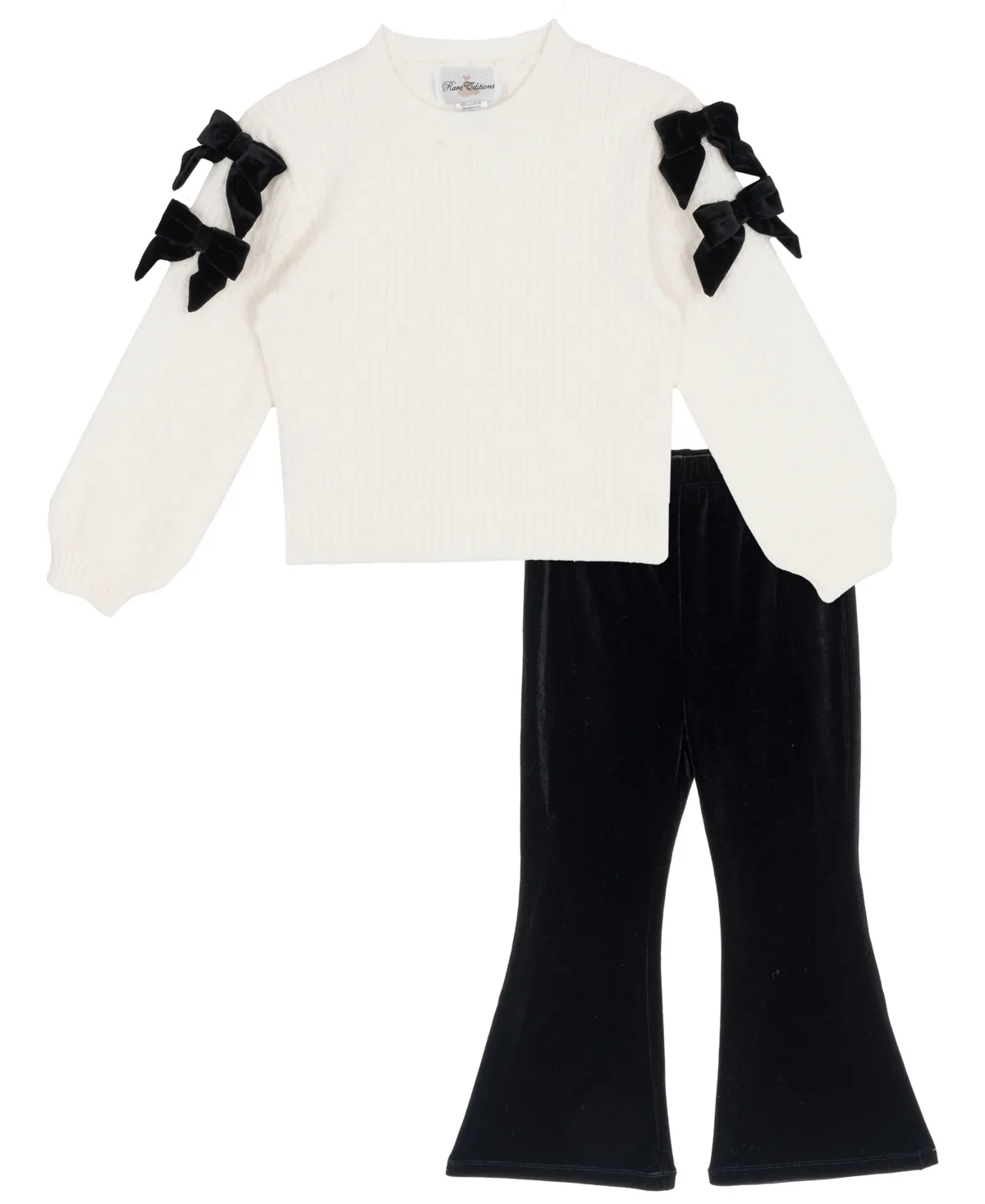 Textured-Knit Velvet-Bow Flared-Leg Top and Pants, 2-Piece Set by Rare Editions