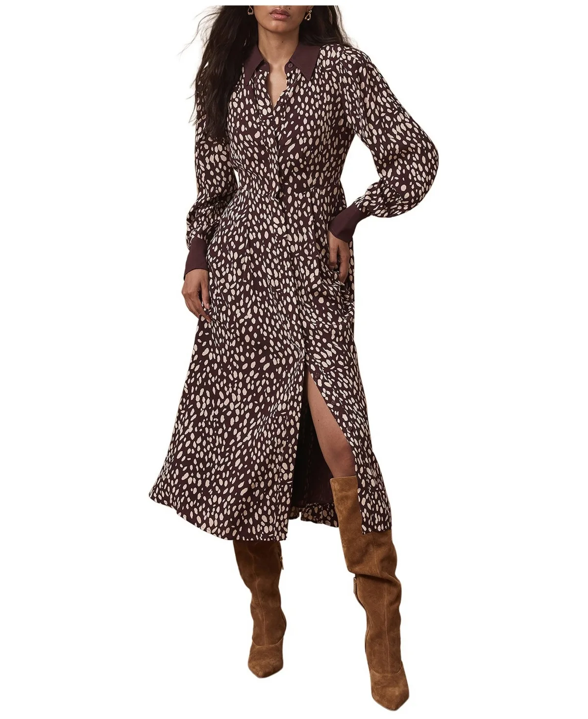Printed Contrast Midi Shirt Dress