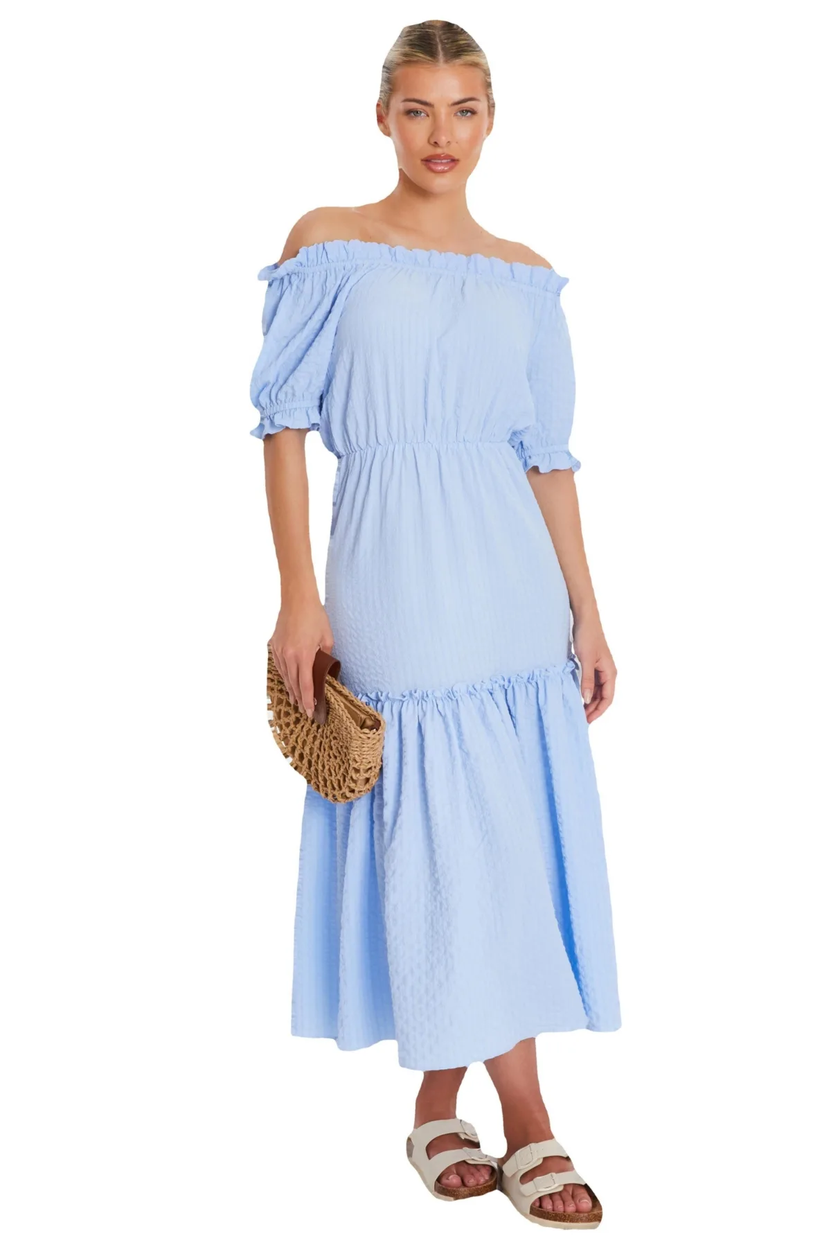 Woven Textured Bardot Maxi Dress