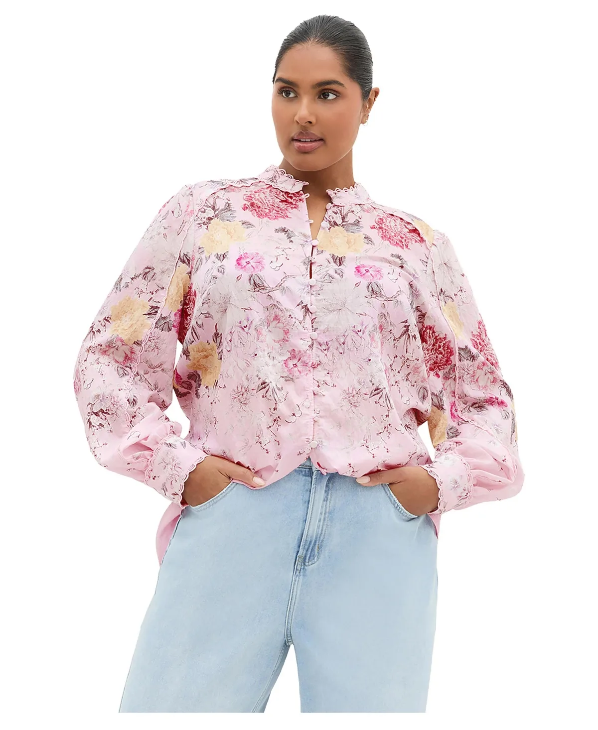 Gianna Floral-Print High-Scallop-Trim Blouse by City Chic